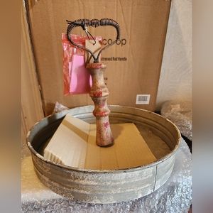 Creative Co-op Round Metal & Wood Handle Decorative Wood Tray, Silver, New.